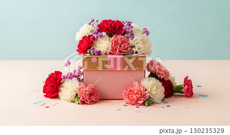 A pink gift box overflows with carnations in red, white, and pink, paired with small purple flowers. Scattered petals and confetti in various colors surround the elegantly arranged box 130235329