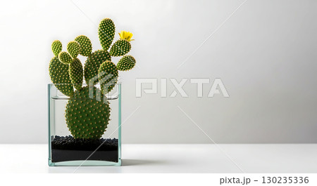 A vibrant green cactus with multiple oval pads and a yellow flower in a clear glass pot filled with dark soil and pebbles. The composition highlights the cactus's texture and color 130235336