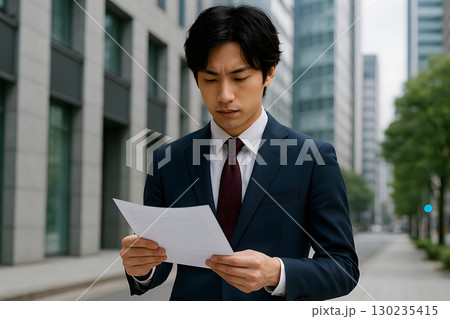 街角で書類を確認する真剣な若手ビジネスマン 130235415