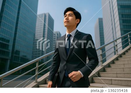 階段の途中で未来を見上げる若手ビジネスマン 130235416