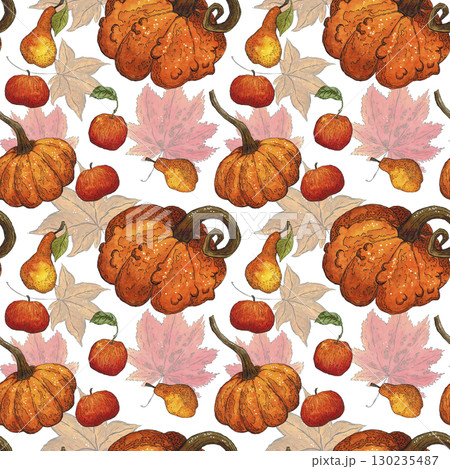 Seamless pattern of pumpkins, apples, pears and maple leaves. Hand drawn illustration with watercolor and ink. Drawing for poster, tableware, cards, scrapbooking. Autumn, tree, vegetables, fruits 130235487