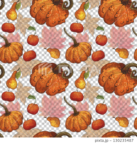 Seamless pattern of pumpkins, apples, pears and maple leaves. Hand drawn illustration with watercolor and ink. Drawing for poster, tableware, cards, scrapbooking. Autumn, tree, vegetables, fruits 130235487