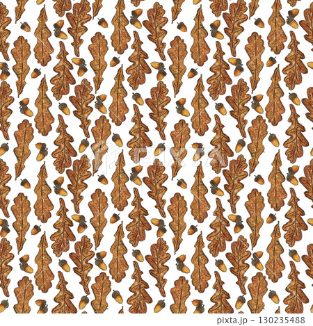 Seamless pattern of parallel rows of oak leaves and acorns. Hand-drawn illustration with watercolor and ink. Drawing for poster, tableware, cards, scrapbooking. Autumn, tree, ocher, foliage, nut 130235488