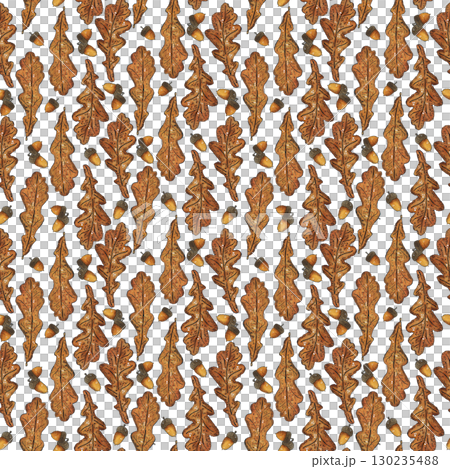 Seamless pattern of parallel rows of oak leaves and acorns. Hand-drawn illustration with watercolor and ink. Drawing for poster, tableware, cards, scrapbooking. Autumn, tree, ocher, foliage, nut 130235488