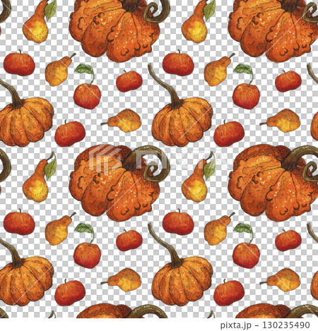 Seamless pattern of pumpkins, pears and apples. Hand drawn illustration with watercolor and ink. Drawing for printing on fabric, paper, scrapbooking. Autumn, harvest, vegetables, food, diet, vitamins Seamless pattern of pumpkins, pears and apples. Hand drawn illustration with watercolor and ink. Drawing for printing on fabric, paper, scrapbooking. Autumn, harvest, vegetables, food, diet, vitamins 130235490