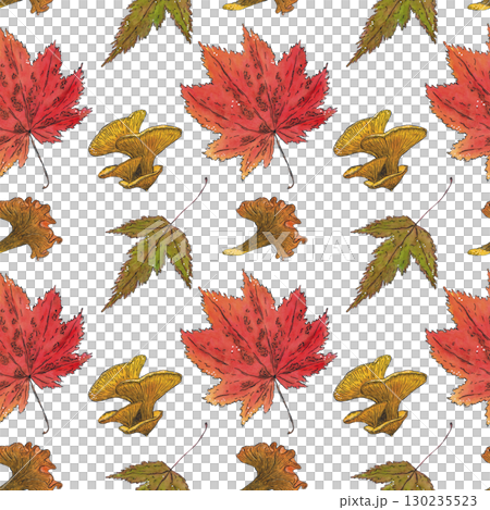 Seamless pattern of maple leaves and tree mushrooms. Hand drawn illustration with watercolor and ink. Drawing for poster, tableware, postcards, scrapbooking. Autumn, tree, vegetables, foliage, orange Seamless pattern of maple leaves and tree mushrooms. Hand drawn illustration with watercolor and ink. Drawing for poster, tableware, postcards, scrapbooking. Autumn, tree, vegetables, foliage, orange 130235523