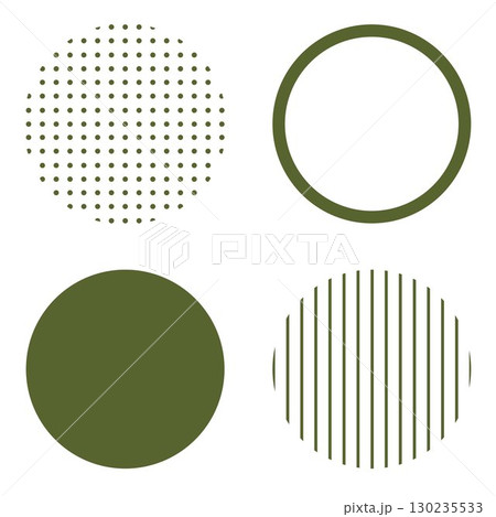 丸い円の幾何学的な図形イラスト素材　深緑色濃い　シンプルなドット柄とストライプ縞　ベクターpng透明 130235533