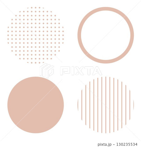 丸い円の幾何学的な図形イラスト素材　薄茶色ベージュ　シンプルなドットとストライプ縞　ベクターpng 130235534