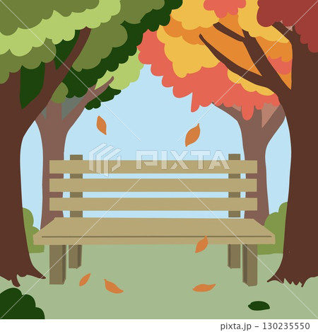 木の葉が色づき始める公園のベンチ 130235550