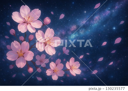 星空に舞う桜の花 – 宇宙と花の幻想背景 130235577