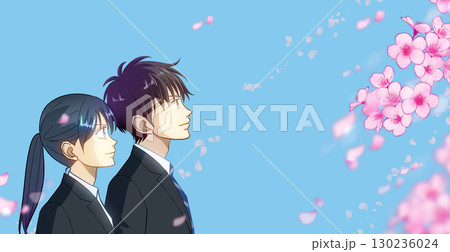 桜と花びら、学生または社会人の男女のアニメ風イラスト、右に余白 桜と花びら、学生または社会人の男女のアニメ風イラスト、右に余白 130236024