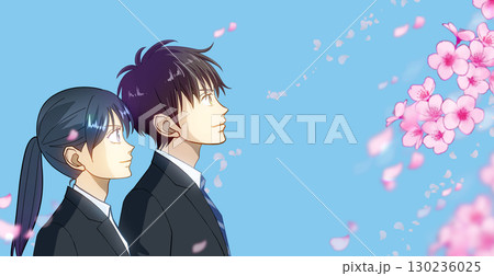 桜と花びら、学生または社会人の男女のアニメ風イラスト、右に余白 桜と花びら、学生または社会人の男女のアニメ風イラスト、右に余白 130236025