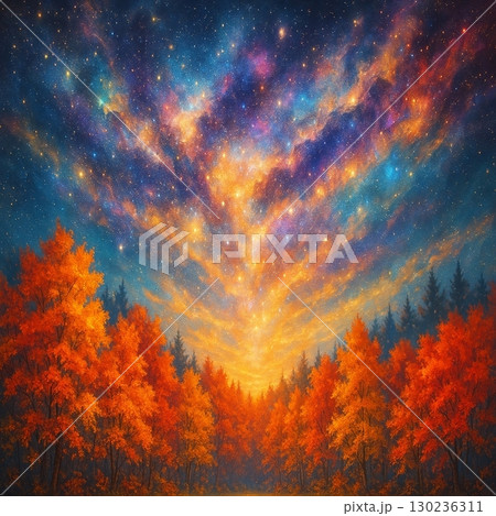紅葉の森と宇宙の光 – 秋を彩る幻想背景 130236311