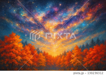 紅葉の森と宇宙の光 – 秋を彩る幻想背景 130236312