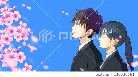 桜と花びら、学生または社会人の男女のアニメ風イラスト、左に余白 130236561