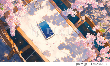 満開の桜が咲き誇るテラス席に置かれた椅子と机、そこに置かれたスマートフォンを描いたアニメ風イラスト。 130236605