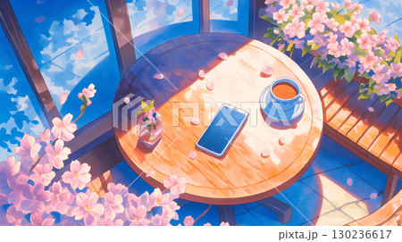 満開の桜が咲き誇るテラス席に置かれた椅子と机、そこに置かれたスマートフォンを描いたアニメ風イラスト。 130236617