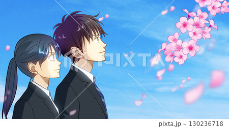 桜と花びら、学生または社会人の男女のアニメ風イラスト、右に余白 130236718