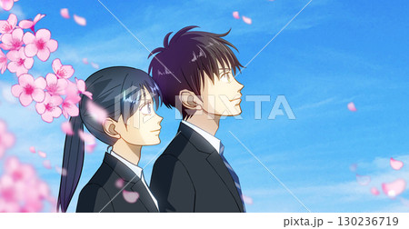 桜と花びら、学生または社会人の男女のアニメ風イラスト、右に余白 130236719