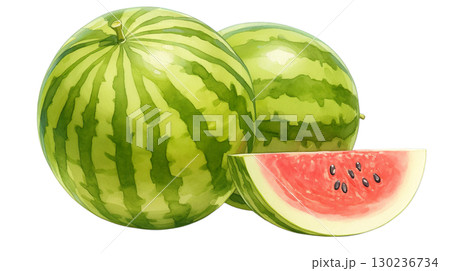 透明背景（png）に美味しそうなスイカの水彩イラスト 130236734