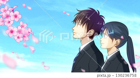 桜と花びら、学生または社会人の男女のアニメ風イラスト、左に余白 桜と花びら、学生または社会人の男女のアニメ風イラスト、左に余白 130236758