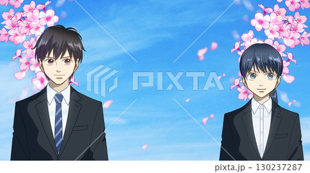 桜と花びら、学生または社会人の男女のアニメ風イラスト 桜と花びら、学生または社会人の男女のアニメ風イラスト 130237287