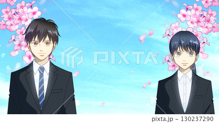 桜と花びら、学生または社会人の男女のアニメ風イラスト 130237290