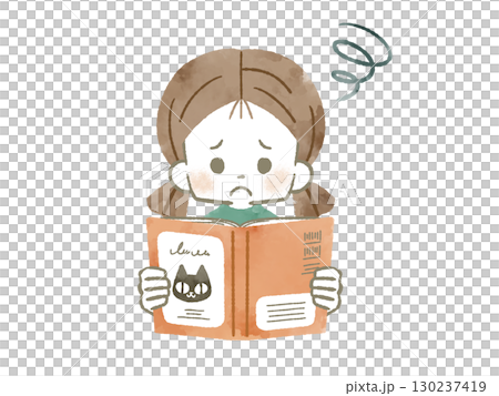 困った表情で本を読んでいる女の子-水彩 130237419