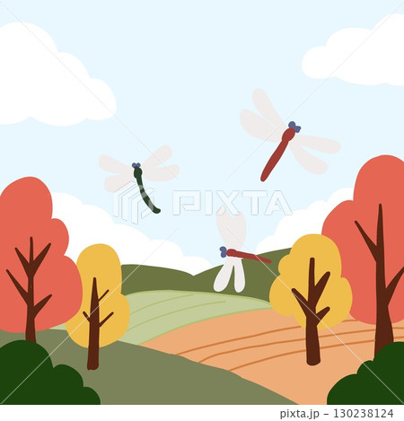 赤とんぼが飛ぶ田舎道 130238124