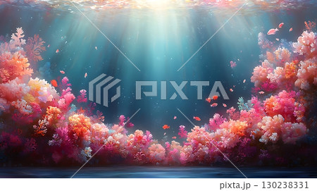 Colorful Coral Reef Underwater Scene with Sunlight Streaming Through Ocean Water 130238331