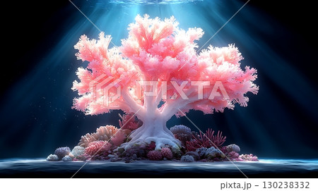 Vibrant Coral Reef with Illuminated Coral Structure in Underwater Scene 130238332