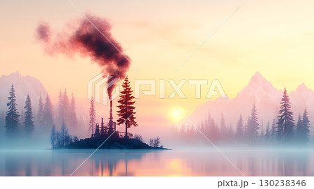 Serene Landscape with Smoke Stacks and Majestic Mountains at Sunrise with Misty Reflection 130238346