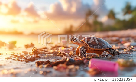 Baby turtle crawling on polluted beach with sunset clouds in the background 130238357