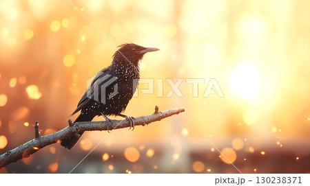 Black bird perched on branch with bokeh background during sunset in warm golden hues Black bird perched on branch with bokeh background during sunset in warm golden hues 130238371