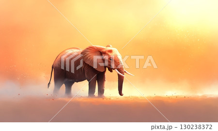 Majestic Elephant Standing Alone in a Misty Landscape During Sunrise or Sunset 130238372