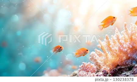 Vibrant Orange Fish Swimming Among Colorful Coral Reef Under Bright Sunlight Vibrant Orange Fish Swimming Among Colorful Coral Reef Under Bright Sunlight 130238378