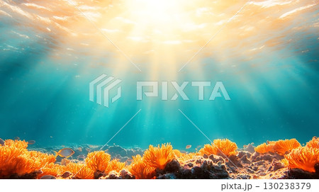 Breathtaking Underwater Scene with Vibrant Coral Reef and Radiant Sunlight Streaming Through Water 130238379