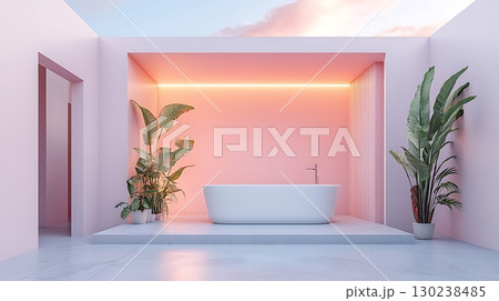 Modern Minimalist Bathroom Design with Elegant Bathtub and Soft Pink Color Palette 130238485