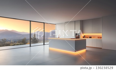 Modern minimalist kitchen design with panoramic views of mountains during sunset 130238529