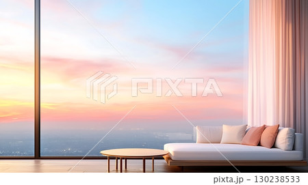 Elegant modern living room with panoramic view of sunset glowing sky and serene ambiance 130238533