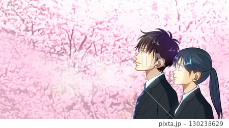 満開の桜、学生または社会人の男女のアニメ風イラスト、左に余白 130238629