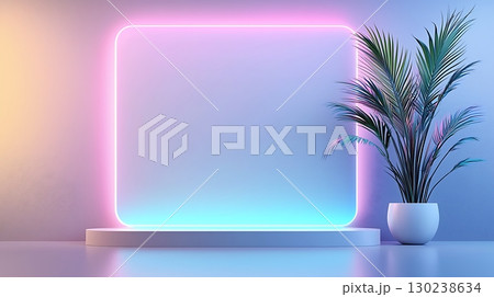 Neon Light Frame with Minimalist Plant Display in Modern Interior Space 130238634