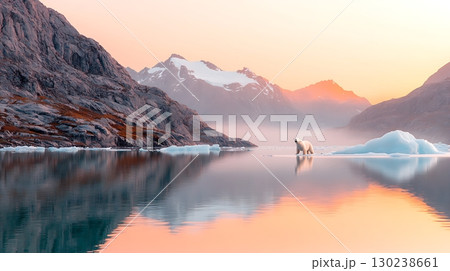Majestic Polar Bear on Ice in Serene Arctic Landscape During Stunning Sunset 130238661