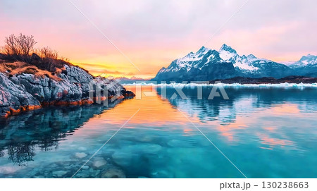 Serene Mountain Landscape at Sunrise with Reflections in Calm Water and Colorful Sky 130238663