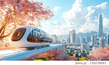 Modern Transportation System Among Cherry Blossom Trees in a Bustling Urban Landscape 130238681