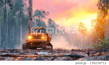 Heavy machinery clearing forest land during stunning sunset with vibrant colors in the sky 130238712