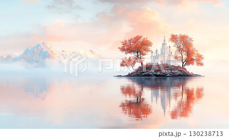 Serene Reflection of a Castle Surrounded by Autumn Trees on an Island in a Tranquil Lake 130238713
