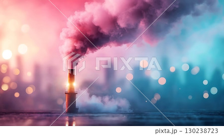 Colorful Smoke Emitting from Industrial Chimney Against Urban Skyline Background at Night Colorful Smoke Emitting from Industrial Chimney Against Urban Skyline Background at Night 130238723