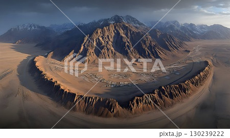 Aerial View of a Desert Oasis Encircled by Rugged Mountains 130239222