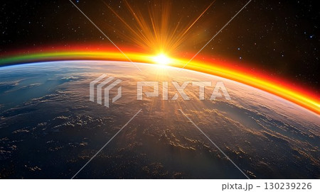 Earthrise Sunrise with Celestial Rainbow and Starry Sky 130239226